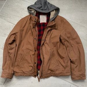 American Eagle Outfitters Tan Hooded Field Jacket with Red Plaid Lining